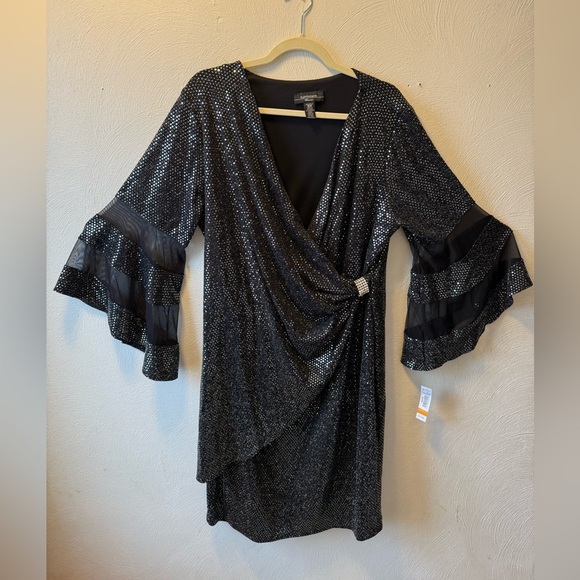 R&M Richards Plus 16W Sparkly Party Cocktail Gown Dress Sheer Ruffle Sleeve NWT - Picture 2 of 8